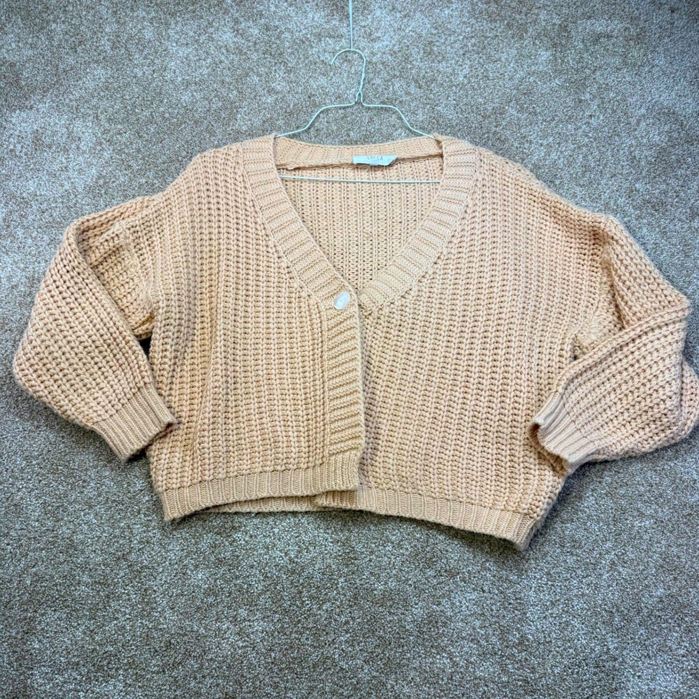 LUCCA Womens Tan Beige Chunky Knit Cropped Cardigan Sweater V-Neck Medium Skater
